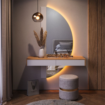 Masuta machiaj cu Oglinda LED si 2 Sertare pentru Cosmetice, Set Masa toaleta 120 cm, Alb, masuta vanity cu Riflaj, cosmetica - SEM236 - Img 7