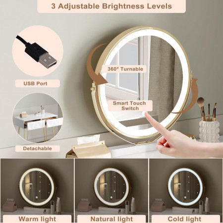 Masuta machiaj cu Oglinda LED si 2 Sertare pentru Cosmetice, Set Masa toaleta 80 cm, Alb, masuta cosmetica, vanity - SEA461 - Img 6
