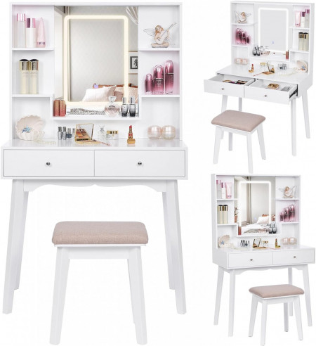 Masuta machiaj cu Oglinda LED si 2 Sertare pentru Cosmetice, Set Masa toaleta 80 cm, Alb, masuta cosmetica, vanity - SEA96 - Img 5
