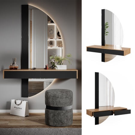 Masuta machiaj cu Oglinda LED si 2 Sertare pentru Cosmetice, Set Masa toaleta 120 cm, Negru, masuta vanity cu Riflaj, cosmetica- SEM242 - Img 7