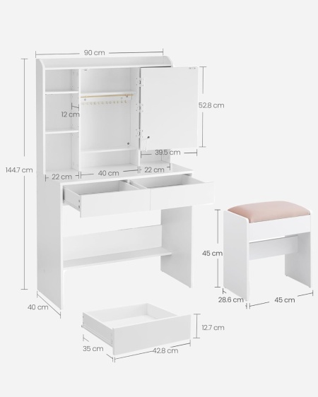 Masuta machiaj cu Oglinda LED si 2 Sertare pentru Cosmetice, Set Masa toaleta 90 cm, Alb, masuta cosmetica, vanity cu sau fara Priza, cu sau fara Scaun - SEA81 - Img 7
