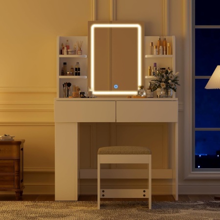 Masuta machiaj cu Oglinda LED si 2 Sertare pentru Cosmetice, Set Masa toaleta 90 cm, Alb / Negru / Roz, masuta cosmetica, vanity - SER203 - Img 3