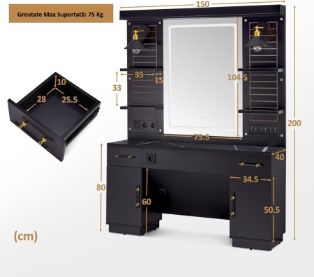 Masuta machiaj cu Oglinda LED si 2 Sertare pentru Cosmetice, Set Masa toaleta 150 cm, Negru / Maro, masuta cosmetica, vanity - SEN259 - Img 6
