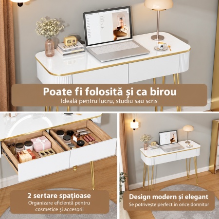 Masuta machiaj cu Oglinda LED si 2 Sertare pentru Cosmetice, Set Masa toaleta 100 cm, Alb, masuta cosmetica, vanity - SEA471 - Img 12