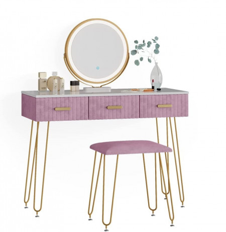 Masuta machiaj cu Oglinda LED si 3 Sertare pentru Cosmetice, Set Masa toaleta 100 cm, Alb, masuta cosmetica, vanity - SEA396 - Img 2