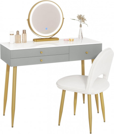Masuta machiaj cu Oglinda LED si 3 Sertare pentru Cosmetice, Set Masa toaleta 100 cm, Alb, masuta cosmetica, vanity - SEG212 - Img 2