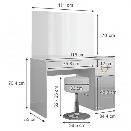 Masuta machiaj cu Oglinda LED si 3 Sertare pentru Cosmetice, Set Masa toaleta 115 cm, Alb Lucios, masuta cosmetica, vanity - SEA440 - Img 3