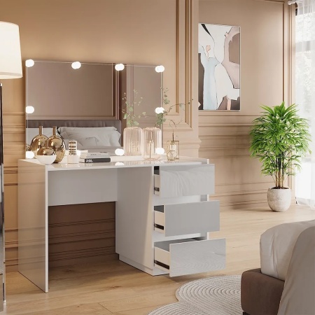 Masuta machiaj cu Oglinda LED si 3 Sertare pentru Cosmetice, Set Masa toaleta 120 cm, Alb Lucios, masuta cosmetica, vanity - SEA805 - Img 6