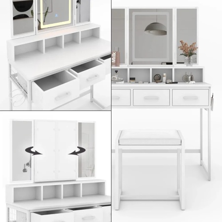 Masuta machiaj cu Oglinda LED si 3 Sertare pentru Cosmetice, Set Masa toaleta 90 cm, Alb, masuta cosmetica, vanity - SEA811 - Img 3