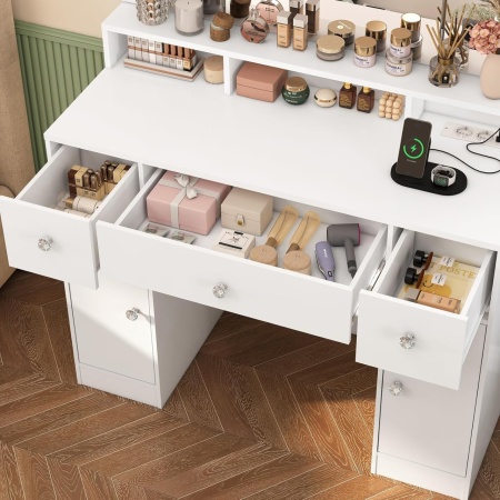 Masuta machiaj cu Oglinda LED si 3 Sertare pentru Cosmetice, Set Masa toaleta 102 cm, Alb, masuta cosmetica, vanity - SEA817 - Img 6