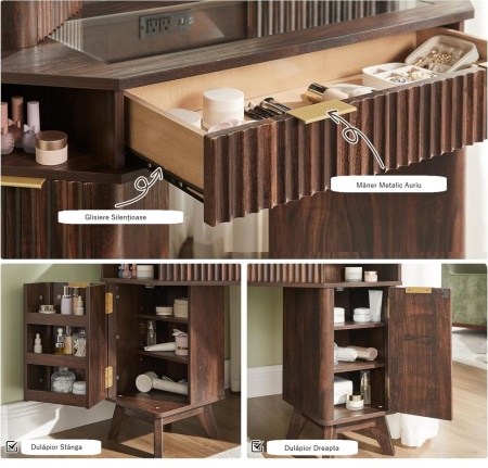 Masuta machiaj cu Oglinda LED si 3 Sertare pentru Cosmetice, Set Masa toaleta 122 cm, Maro, masuta cosmetica, vanity - SEM22 - Img 6
