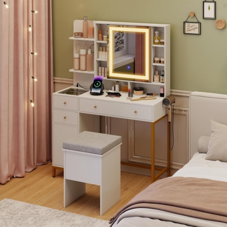 Masuta machiaj cu Oglinda LED si 3 Sertare pentru Cosmetice, Set Masa toaleta 98 cm, Alb, masuta cosmetica, vanity - SEA828 - Img 2