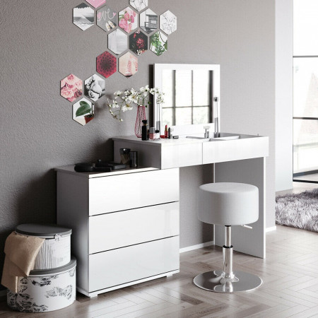 Masuta machiaj cu Oglinda LED si 4 Sertare pentru Cosmetice, Set Masa toaleta 117 cm, Alb, masuta cosmetica, vanity - SEA389 - Img 4