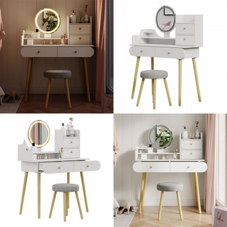 Masuta machiaj cu Oglinda LED si 4 Sertare pentru Cosmetice, Set Masa toaleta 100 cm, Alb, masuta cosmetica, vanity - SEA449 - Img 2