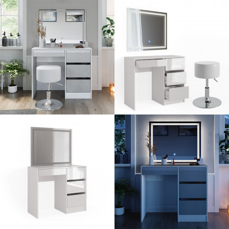 Masuta machiaj cu Oglinda LED si 4 Sertare pentru Cosmetice, Set Masa toaleta 90 cm, Alb Lucios, masuta cosmetica, vanity - SEA468 - Img 3