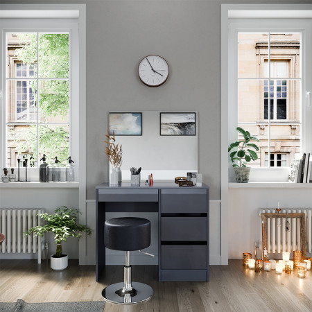 Masuta machiaj cu Oglinda LED si 4 Sertare pentru Cosmetice, Set Masa toaleta 90 cm, Gri, masuta cosmetica, vanity - SEG221 - Img 3