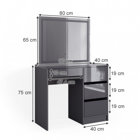 Masuta machiaj cu Oglinda LED si 4 Sertare pentru Cosmetice, Set Masa toaleta 90 cm, Gri, masuta cosmetica, vanity - SEG222 - Img 4