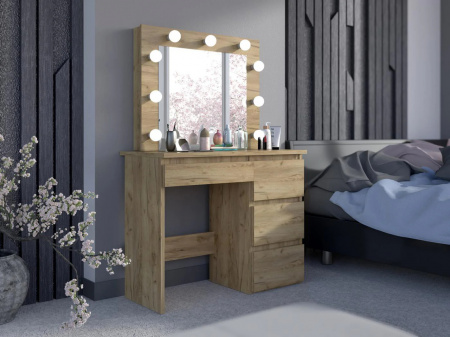 Masuta machiaj cu Oglinda LED si 4 Sertare pentru Cosmetice, Set Masa toaleta 94 cm, Stejar, masuta cosmetica, vanity - SEM526 - Img 6