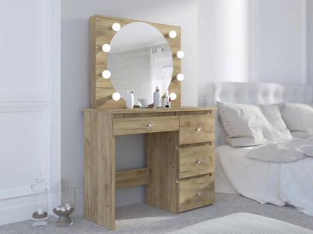 Masuta machiaj cu Oglinda LED si 4 Sertare pentru Cosmetice, Set Masa toaleta 94 cm, Stejar, masuta cosmetica, vanity - SEM528 - Img 7