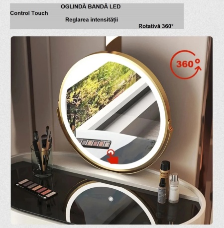Masuta machiaj cu Oglinda LED si 4 Sertare pentru Cosmetice, Set Masa toaleta 60 cm, Alb, masuta cosmetica, vanity - SEA170 - Img 6