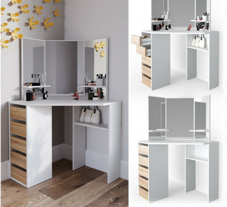 Masuta machiaj cu Oglinda LED si 5 Sertare pentru Cosmetice, Alb, masuta cosmetica, vanity - SEA274 - Img 3