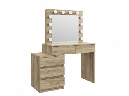 Masuta machiaj cu Oglinda LED si 5 Sertare pentru Cosmetice, Set Masa toaleta 112 cm, Stejar, masuta cosmetica, vanity - SEM510 - Img 3