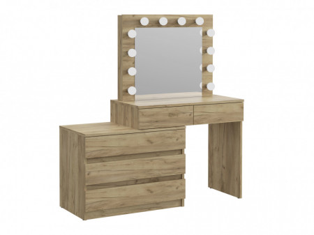 Masuta machiaj cu Oglinda LED si 5 Sertare pentru Cosmetice, Set Masa toaleta 130 cm, Stejar, masuta cosmetica, vanity - SEM512 - Img 7
