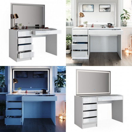 Masuta machiaj cu Oglinda LED si 5 Sertare pentru Cosmetice, Set Masa toaleta 120 cm, Alb Lucios, masuta cosmetica, vanity - SEA902 - Img 3