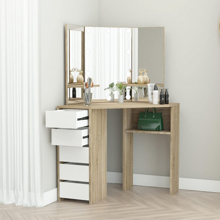 Masuta machiaj cu Oglinda LED si 5 Sertare pentru Cosmetice, Set Masa toaleta 110 cm, Alb, masuta cosmetica, vanity - SEM14 - Img 2