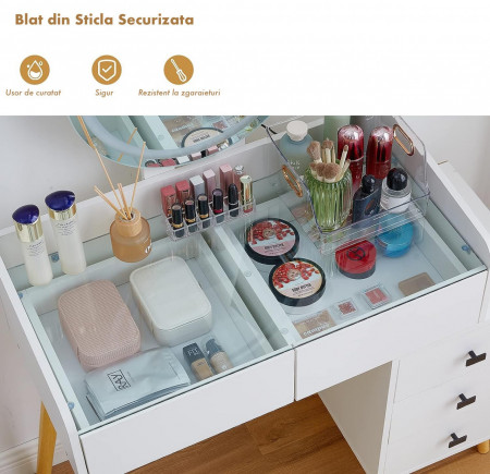 Masuta machiaj cu Oglinda LED si 5 Sertare pentru Cosmetice, Set Masa toaleta 116 cm, Alb, masuta cosmetica, vanity - SEA419 - Img 4