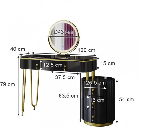 Masuta machiaj cu Oglinda LED si 5 Sertare pentru Cosmetice, Set Masa toaleta 100 cm, Negru, masuta cosmetica, vanity - SEN243 - Img 6