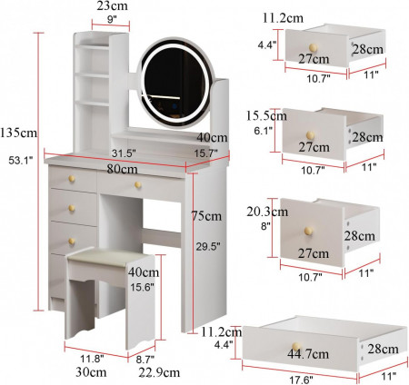 Masuta machiaj cu Oglinda LED si 5 Sertare pentru Cosmetice, Set Masa toaleta 80 cm, Alb, masuta cosmetica, vanity - SEA452 - Img 8