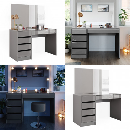 Masuta machiaj cu Oglinda LED si 5 Sertare pentru Cosmetice, Set Masa toaleta 120 cm, Gri, masuta cosmetica, vanity - SEG219 - Img 4