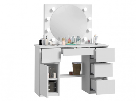 Masuta machiaj cu Oglinda LED si 5 Sertare pentru Cosmetice, Set Masa toaleta 120 cm, Alb, masuta cosmetica, vanity - SEA545 - Img 5