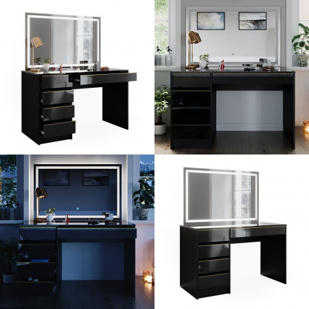 Masuta machiaj cu Oglinda LED si 5 Sertare pentru Cosmetice, Set Masa toaleta 120 cm, Negru, masuta cosmetica, vanity - SEN254 - Img 2