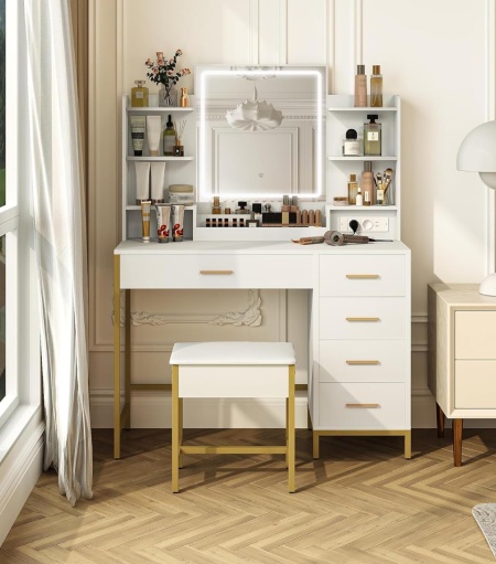 Masuta machiaj cu Oglinda LED si 5 Sertare pentru Cosmetice, Set Masa toaleta 108 cm, Alb, masuta cosmetica, vanity - SEA483 - Img 5