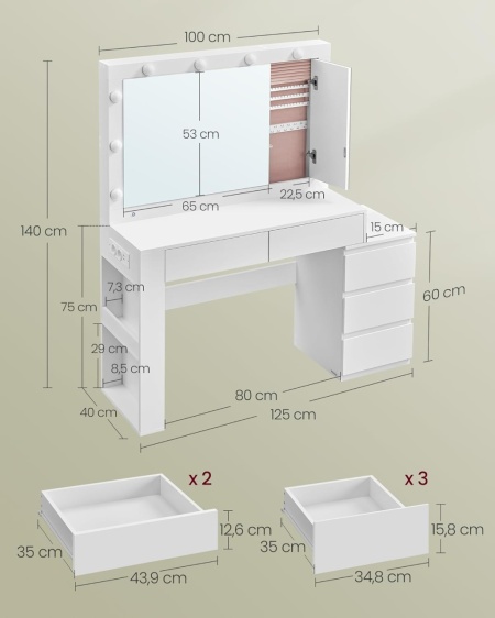 Masuta machiaj cu Oglinda LED si 5 Sertare pentru Cosmetice, Set Masa toaleta 125 cm, Alb, masuta cosmetica, vanity - SEA803 - Img 3
