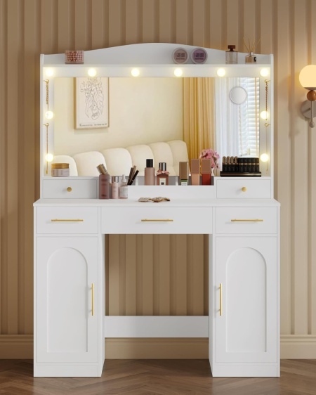 Masuta machiaj cu Oglinda LED si 5 Sertare pentru Cosmetice, Set Masa toaleta 108 cm, Alb, masuta cosmetica, vanity - SEA911 - Img 6