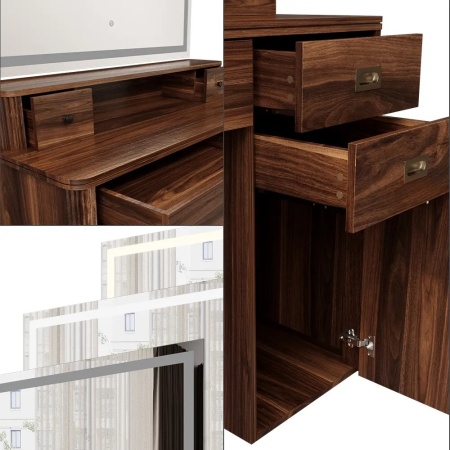 Masuta machiaj cu Oglinda LED si 5 Sertare pentru Cosmetice, Set Masa toaleta 115 cm, Maro, masuta cosmetica, vanity - SEM246 - Img 2