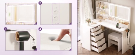 Masuta machiaj cu Oglinda LED si 5 Sertare pentru Cosmetice, Set Masa toaleta 120 cm, Alb, masuta cosmetica, vanity - SEA496 - Img 6