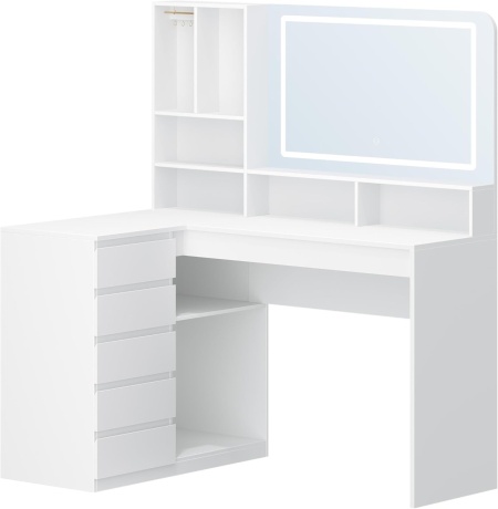 Masuta machiaj cu Oglinda LED si 5 Sertare pentru Cosmetice, Set Masa toaleta 120 cm, Alb, masuta cosmetica, vanity - SEA32 - Img 2