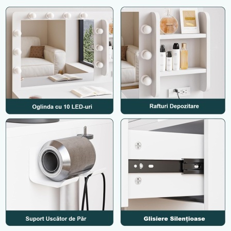 Masuta machiaj cu Oglinda LED si 5 Sertare pentru Cosmetice, Set Masa toaleta 99 cm, Alb, masuta cosmetica, vanity - SEA829 - Img 5