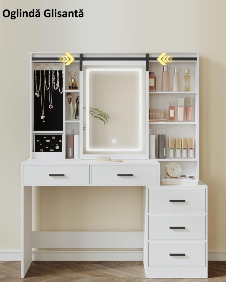 Masuta machiaj cu Oglinda LED si 5 Sertare pentru Cosmetice, Set Masa toaleta 120 cm, Alb, masuta cosmetica, vanity - SEA5 - Img 3