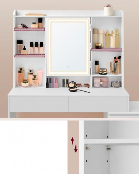 Masuta machiaj cu Oglinda LED si 6 Sertare pentru Cosmetice, Set Masa toaleta 118 cm, Alb, masuta cosmetica, vanity - SEA95 - Img 3