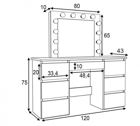 Masuta machiaj cu Oglinda LED si 7 Sertare pentru Cosmetice, Set Masa toaleta 120 cm, Stejar, masuta cosmetica, vanity - SEM508 - Img 6