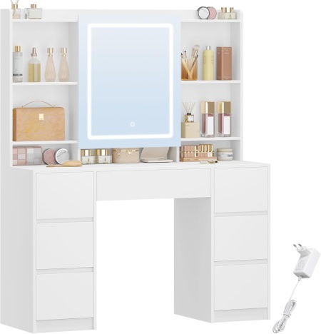 Masuta machiaj cu Oglinda LED si 7 Sertare pentru Cosmetice, Set Masa toaleta 108 cm, Alb, masuta cosmetica, vanity - SEA4 - Img 2