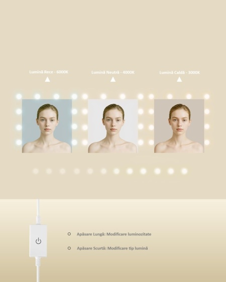 Masuta machiaj cu Oglinda LED si 8 Sertare pentru Cosmetice, Set Masa toaleta 120 cm, Alb, masuta cosmetica, vanity - SEA6 - Img 5