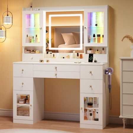 Masuta machiaj cu Oglinda LED si 8 Sertare pentru Cosmetice, Set Masa toaleta 107 cm, Alb, masuta cosmetica, vanity - SEA835 - Img 3