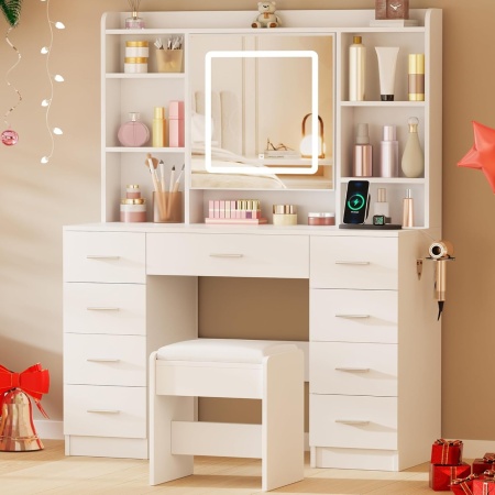 Masuta machiaj cu Oglinda LED si 9 Sertare pentru Cosmetice, Set Masa toaleta 110 cm, Alb, masuta cosmetica, vanity - SEA824 - Img 2