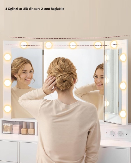 Masuta machiaj cu Oglinda LED si 9 Sertare pentru Cosmetice, Set Masa toaleta 107 cm, Alb, masuta cosmetica, vanity - SEA11 - Img 2